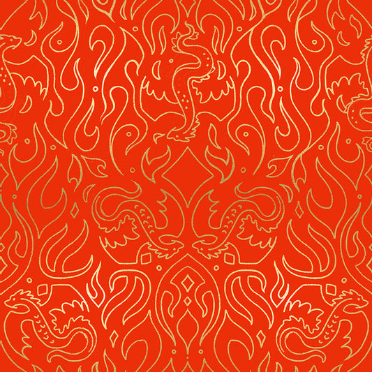 Fabric pattern with gold line art of dragons and flames on a red background.