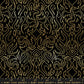 Fabric pattern with gold line art of dragons and flames on a black background with a ruler for scale.