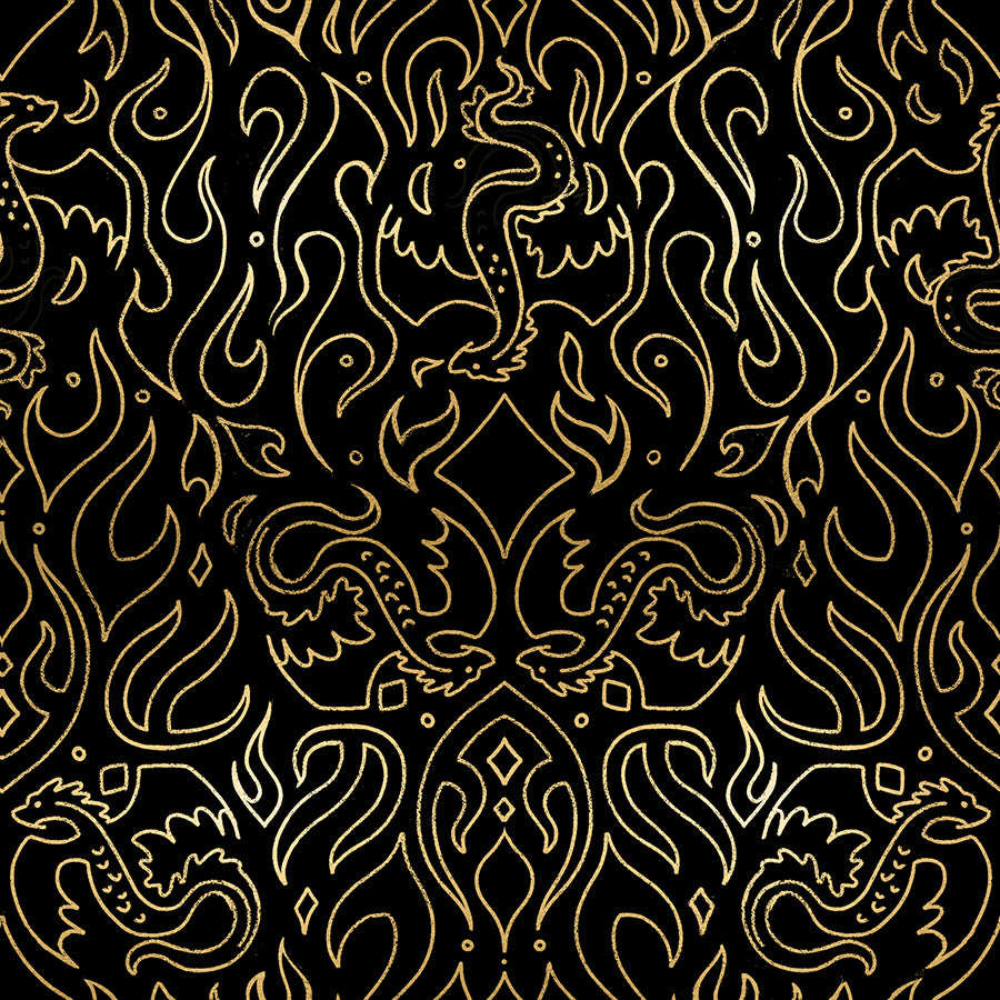 Fabric pattern with gold line art of dragons and flames on a black background