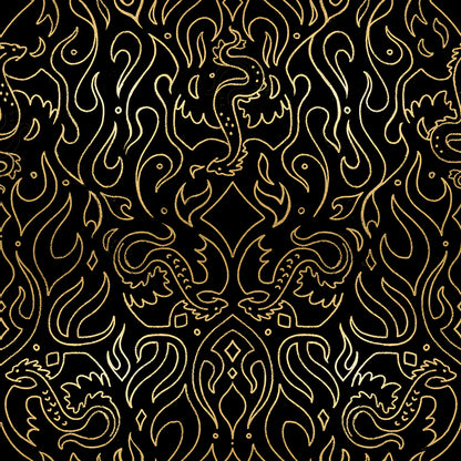 Fabric pattern with gold line art of dragons and flames on a black background