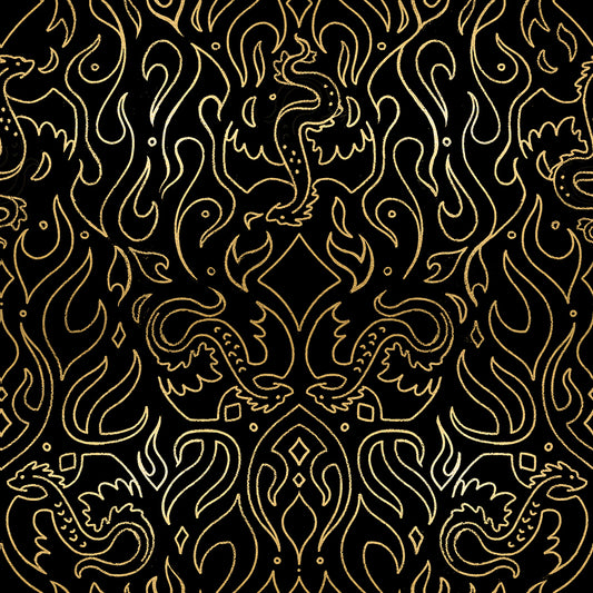 Fabric pattern with gold line art of dragons and flames on a black background