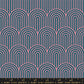 Canvas fabric swatch patterned with arches in pink and dark blue. There is a ruler at the bottom for scale.