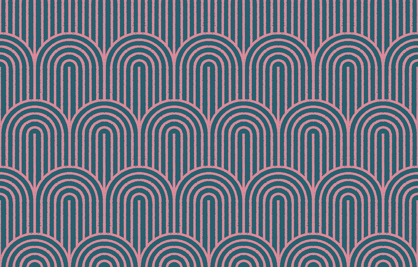 Canvas fabric swatch patterned with arches in pink and dark blue. 
