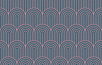 Canvas fabric swatch patterned with arches in pink and dark blue. 