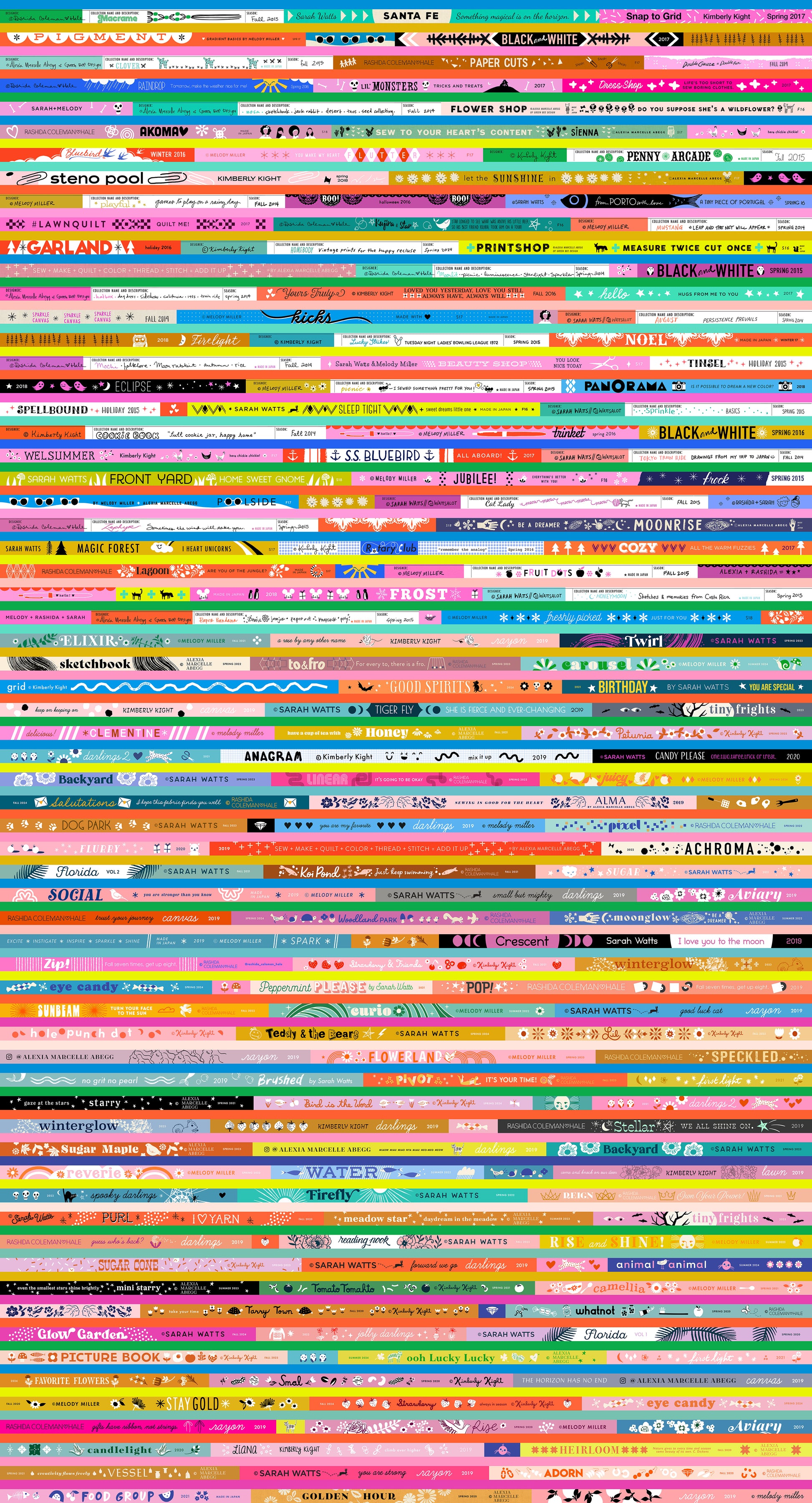 Pattern of colorful fabric selvedges in a grid layout