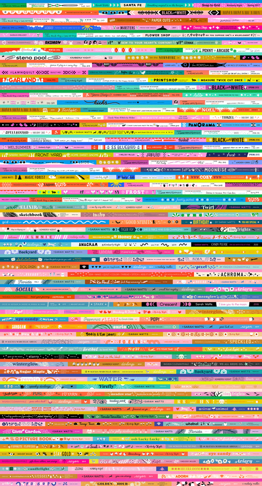 Pattern of colorful fabric selvedges in a grid layout