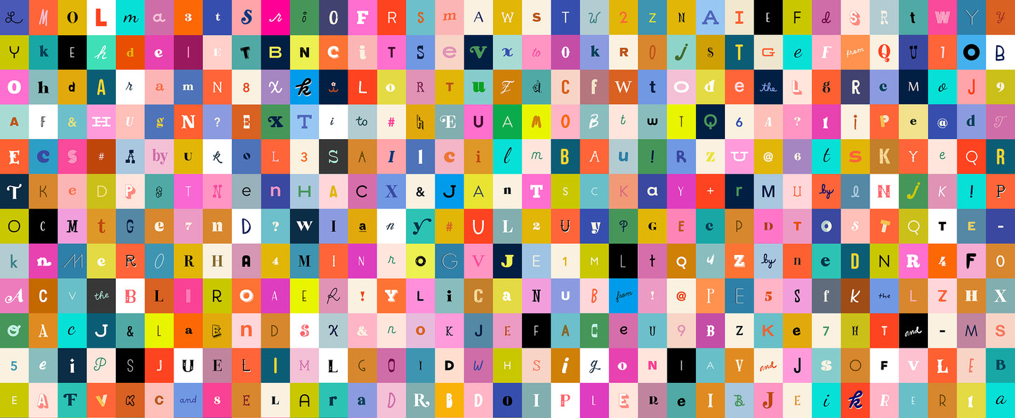 Grid of colorful letters and symbols on a white background