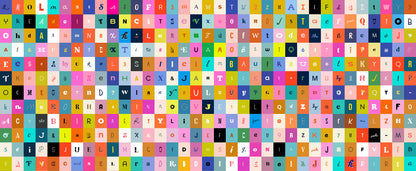 Grid of colorful letters and symbols on a white background