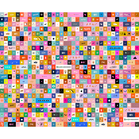 Colorful pattern of various icons and symbols on a white background