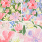 Four floral patterns with pink, green, and blue flowers on a grid.