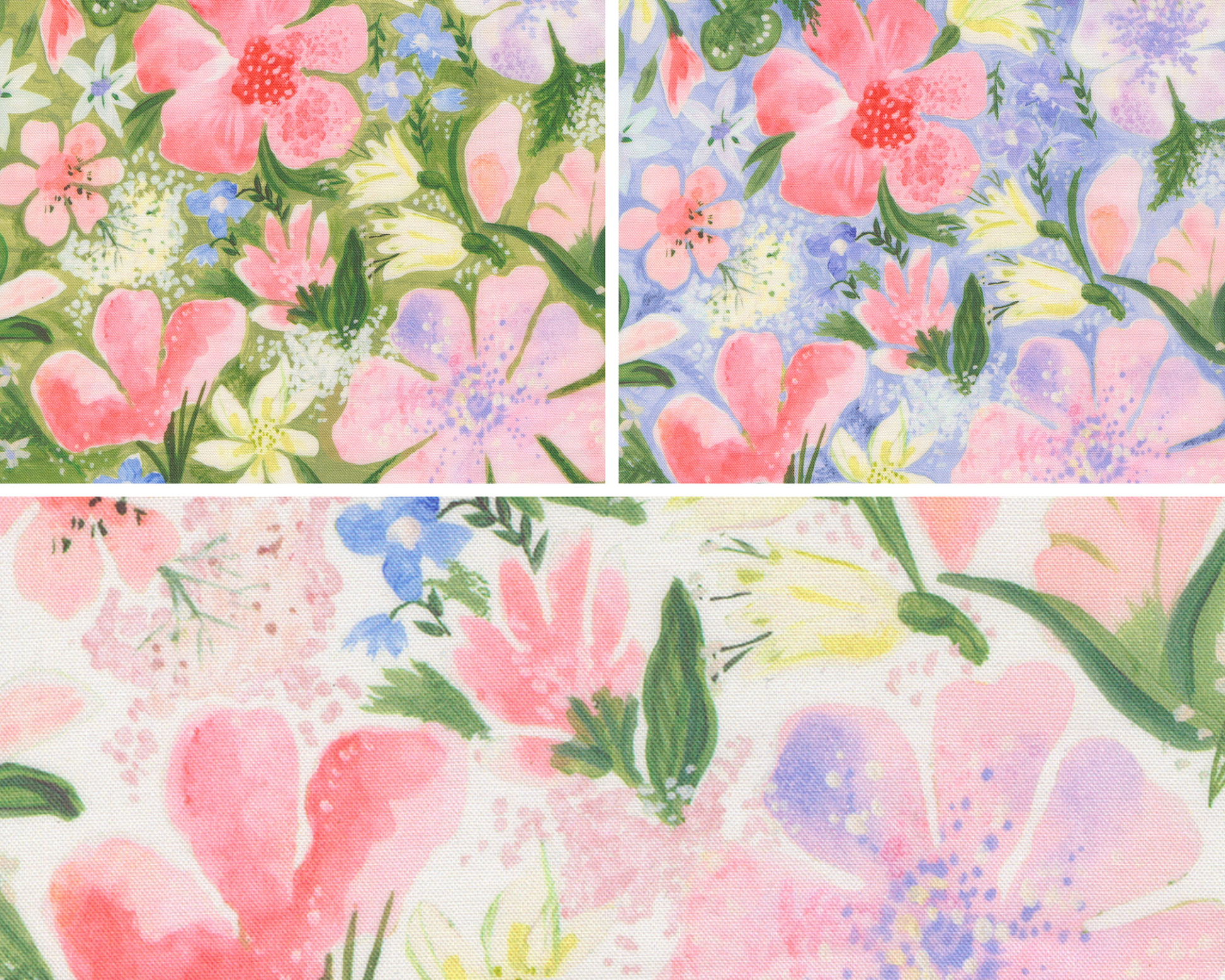 Four floral patterns with pink, green, and blue flowers on a grid.
