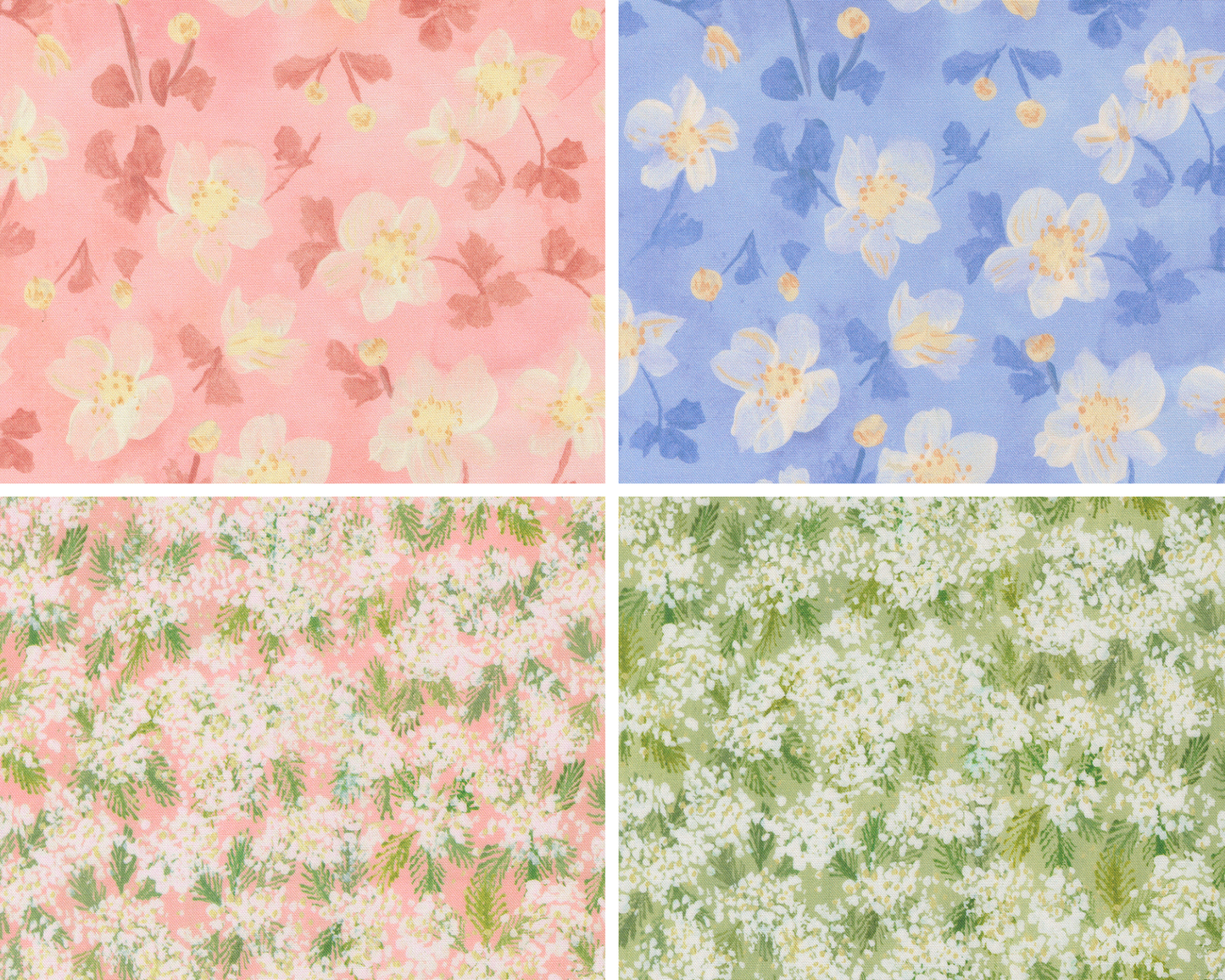 Four different floral patterns in pink, blue, and green.