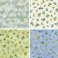 Four different patterns of green shamrocks on various colored backgrounds.