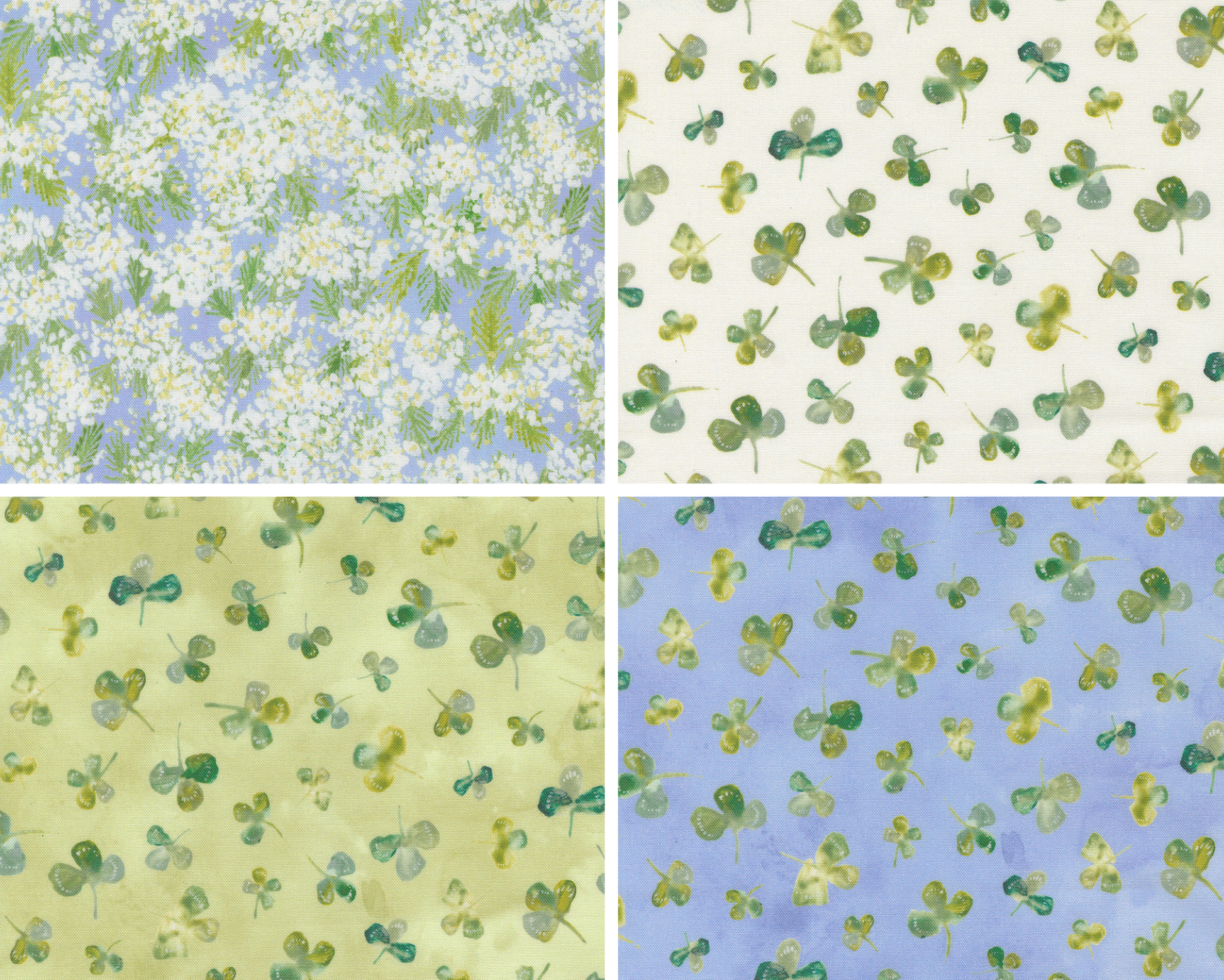 Four different patterns of green shamrocks on various colored backgrounds.