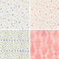 Four different floral patterned fabrics arranged in a grid.