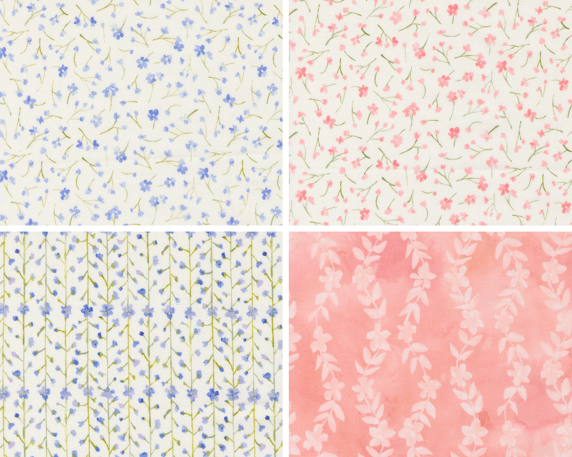 Four different floral patterned fabrics arranged in a grid.