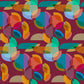 This vibrant fabric features a dynamic geometric pattern with overlapping translucent circles and semi-circles in a rich palette of colors including teal, orange, yellow, and blue, all set against a deep red background. The design creates a prismatic effect, reminiscent of light passing through a kaleidoscope, offering a modern and eye-catching aesthetic perfect for a variety of projects from fashion to home decor.