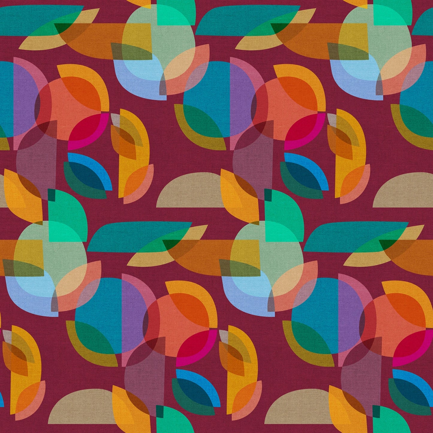 This vibrant fabric features a dynamic geometric pattern with overlapping translucent circles and semi-circles in a rich palette of colors including teal, orange, yellow, and blue, all set against a deep red background. The design creates a prismatic effect, reminiscent of light passing through a kaleidoscope, offering a modern and eye-catching aesthetic perfect for a variety of projects from fashion to home decor.