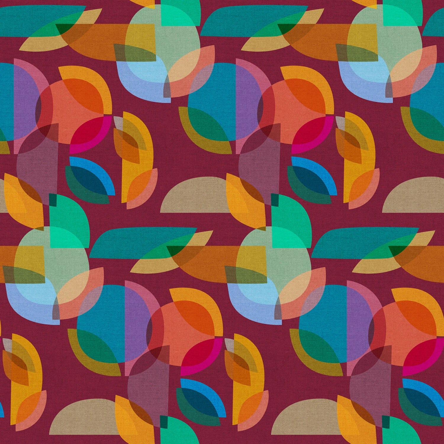 This vibrant fabric features a dynamic geometric pattern with overlapping translucent circles and semi-circles in a rich palette of colors including teal, orange, yellow, and blue, all set against a deep red background. The design creates a prismatic effect, reminiscent of light passing through a kaleidoscope, offering a modern and eye-catching aesthetic perfect for a variety of projects from fashion to home decor.