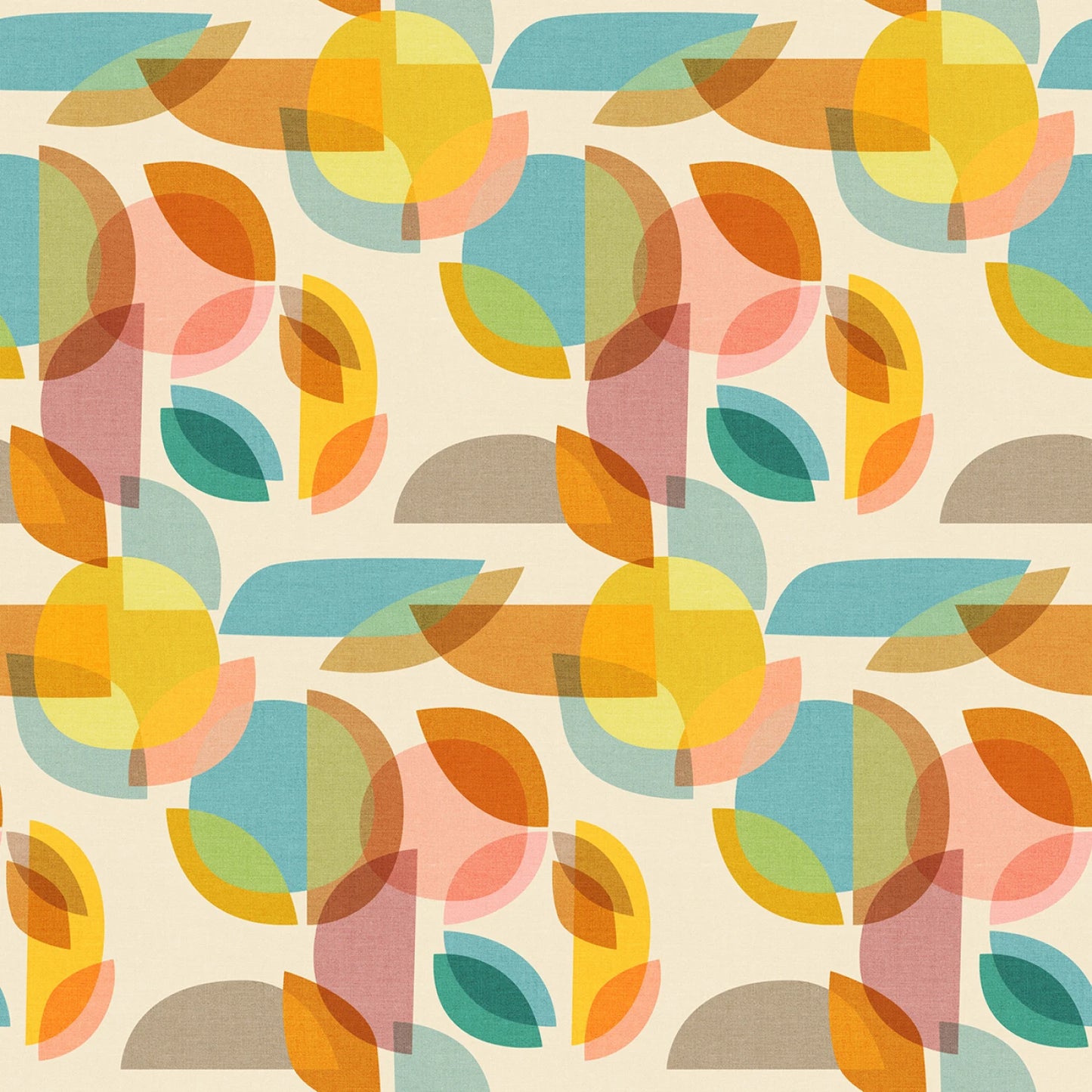 
This vibrant fabric features a dynamic geometric design with overlapping circles and leaves in a palette of warm oranges, soft pinks, cool blues, and greens, all set against a cream background. The pattern creates a modern, abstract look that is both eye-catching and sophisticated, perfect for a variety of creative projects from fashion to home decor.
