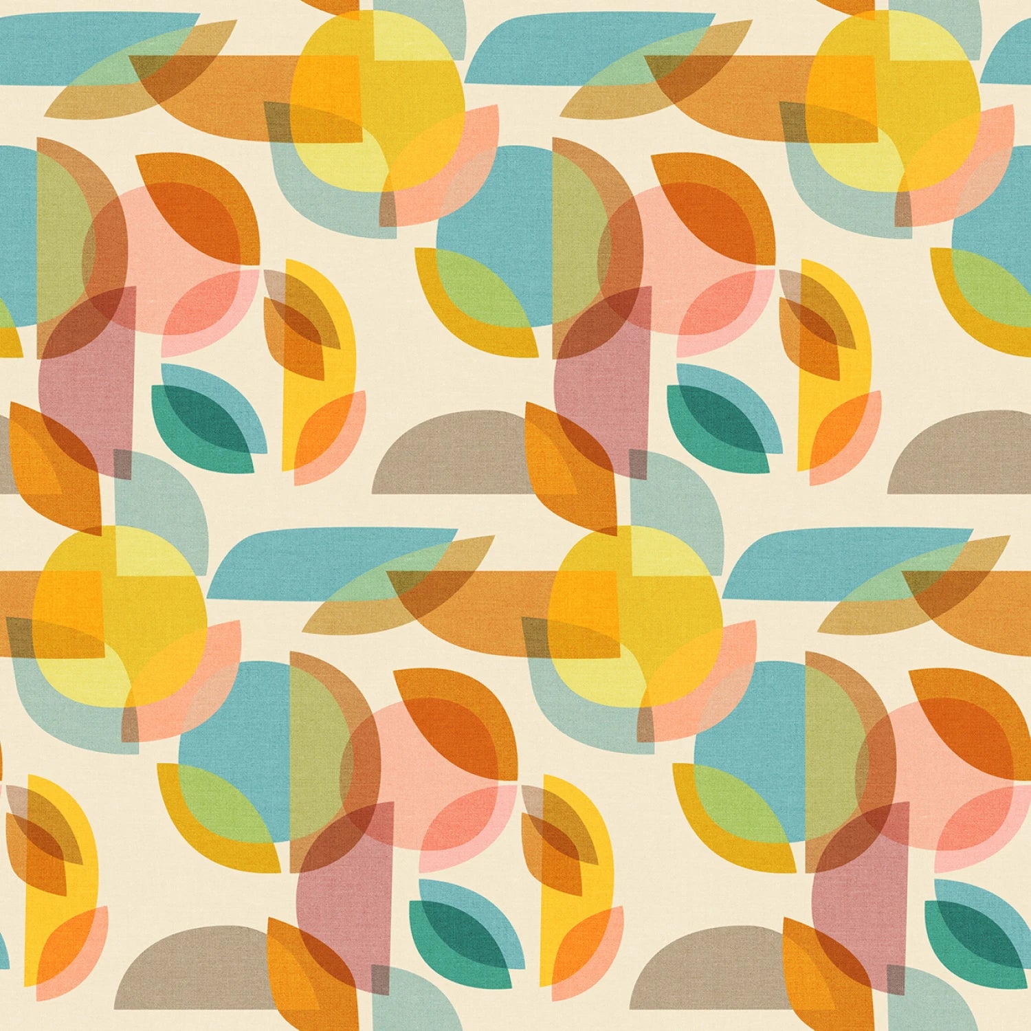 
This vibrant fabric features a dynamic geometric design with overlapping circles and leaves in a palette of warm oranges, soft pinks, cool blues, and greens, all set against a cream background. The pattern creates a modern, abstract look that is both eye-catching and sophisticated, perfect for a variety of creative projects from fashion to home decor.
