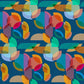 This vibrant fabric features a dynamic digital prism design, where overlapping geometric shapes create a mesmerizing pattern. The design is composed of various translucent circles and semi-circles in shades of blue, orange, yellow, green, and red, set against a deep blue background, giving it a modern and artistic appeal. Perfect for projects that require a bold statement, this fabric's unique pattern ensures any creation will stand out with its contemporary flair.
