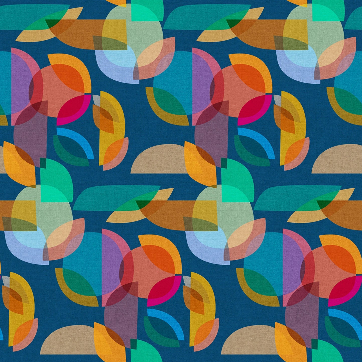 This vibrant fabric features a dynamic digital prism design, where overlapping geometric shapes create a mesmerizing pattern. The design is composed of various translucent circles and semi-circles in shades of blue, orange, yellow, green, and red, set against a deep blue background, giving it a modern and artistic appeal. Perfect for projects that require a bold statement, this fabric's unique pattern ensures any creation will stand out with its contemporary flair.