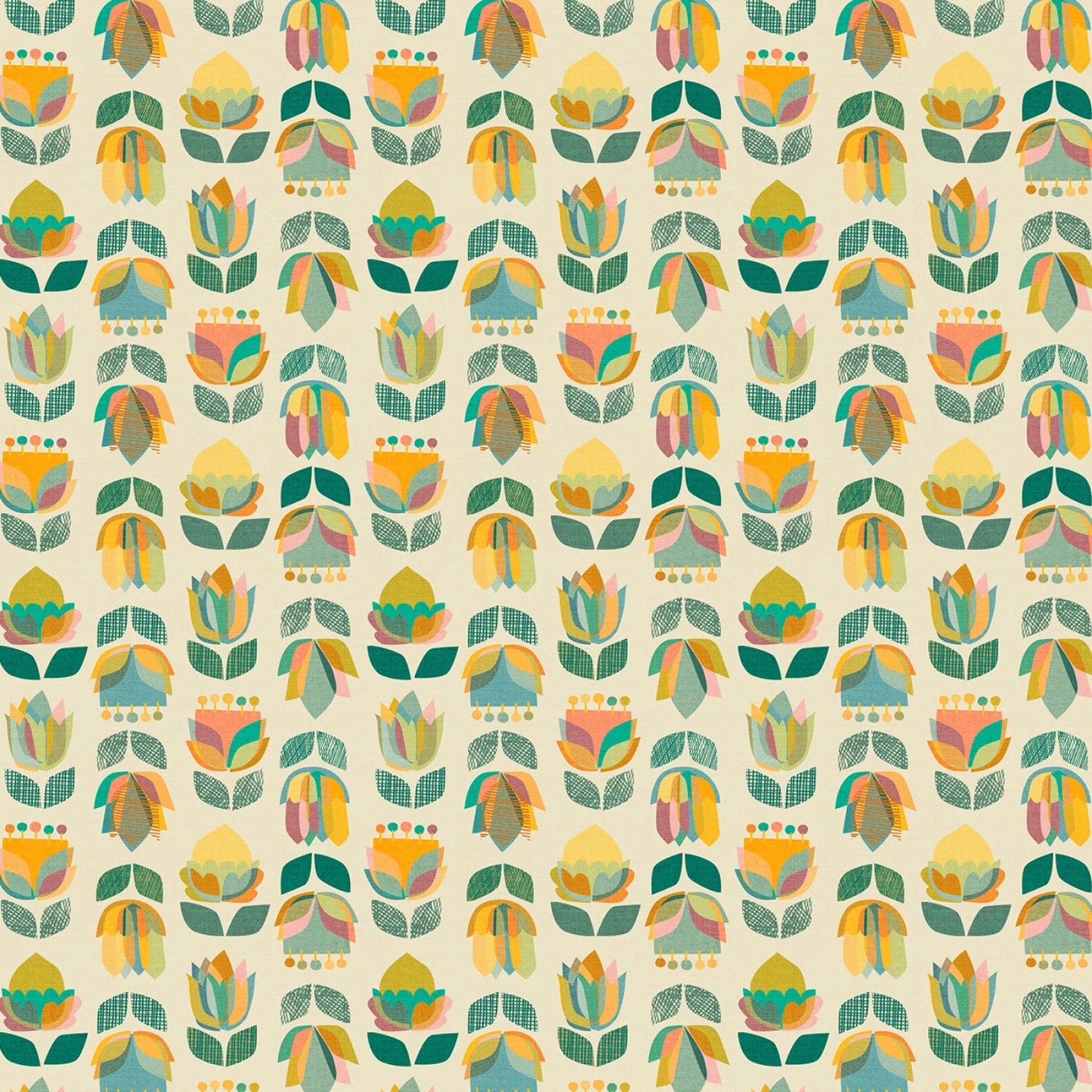 
This fabric features a charming design of teal digital flowers set against a soft cream background. The pattern showcases a variety of stylized flowers in shades of green, yellow, and orange, arranged in a repeating grid. Each flower is intricately detailed with geometric shapes, giving the fabric a modern yet whimsical feel. Ideal for quilting, apparel, or home decor projects, this 100% cotton fabric offers both durability and a delightful aesthetic.