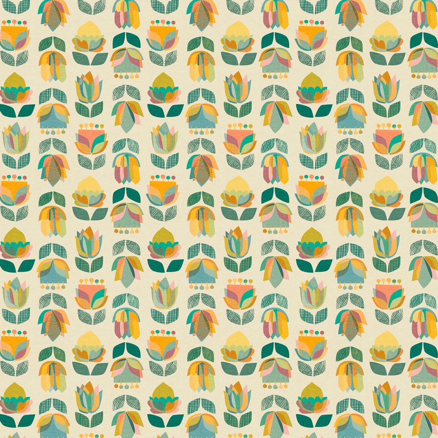 
This fabric features a charming design of teal digital flowers set against a soft cream background. The pattern showcases a variety of stylized flowers in shades of green, yellow, and orange, arranged in a repeating grid. Each flower is intricately detailed with geometric shapes, giving the fabric a modern yet whimsical feel. Ideal for quilting, apparel, or home decor projects, this 100% cotton fabric offers both durability and a delightful aesthetic.
