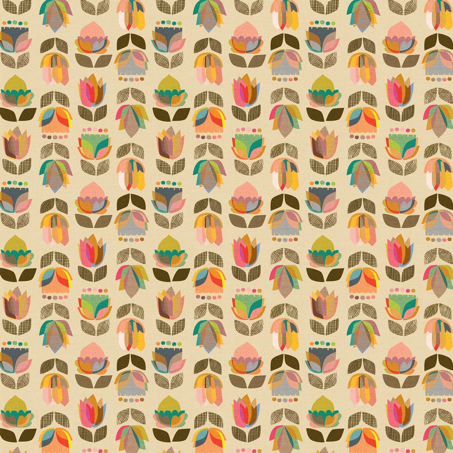 
This fabric features a vibrant, multi-colored digital floral print on a soft beige background, showcasing a variety of stylized flowers in hues of pink, orange, yellow, green, and brown. The design is modern and geometric, with each flower composed of distinct, bold shapes that create a visually engaging pattern. Perfect for creating unique garments, home decor, or craft projects, this fabric's rich color palette and intricate design make it a standout choice for any creative endeavor.