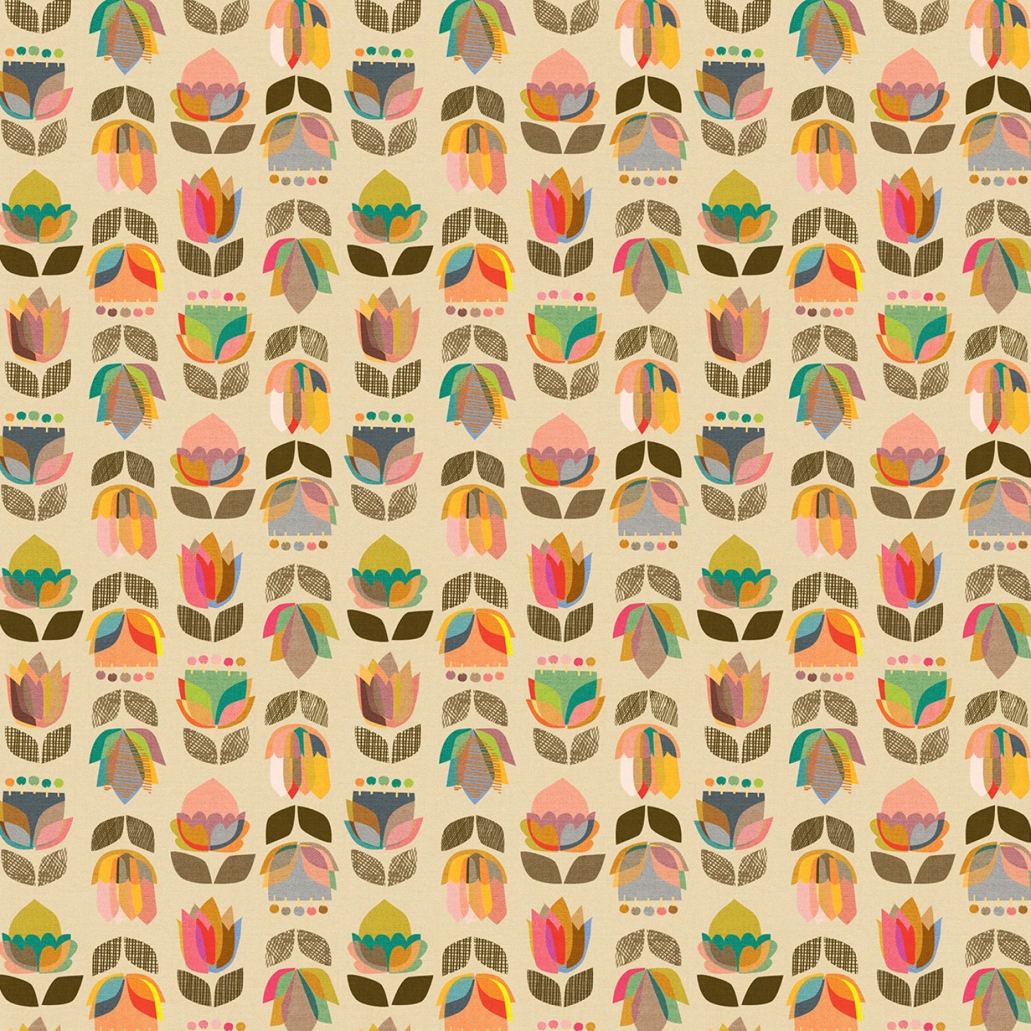 
This fabric features a vibrant, multi-colored digital floral print on a soft beige background, showcasing a variety of stylized flowers in hues of pink, orange, yellow, green, and brown. The design is modern and geometric, with each flower composed of distinct, bold shapes that create a visually engaging pattern. Perfect for creating unique garments, home decor, or craft projects, this fabric's rich color palette and intricate design make it a standout choice for any creative endeavor.