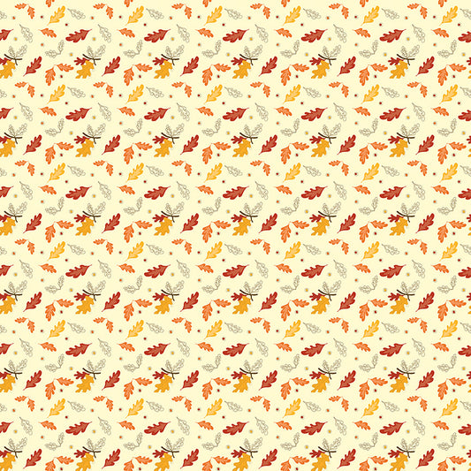 A cream fabric printed with yellow, orange, red, and linework leaves.