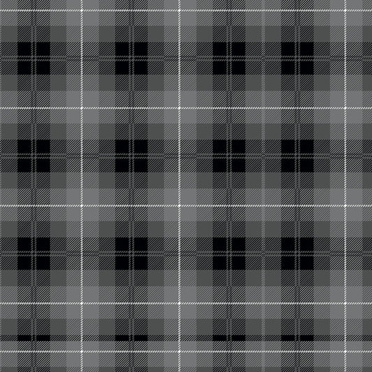A black, gray, and white tartan plaid fabric.